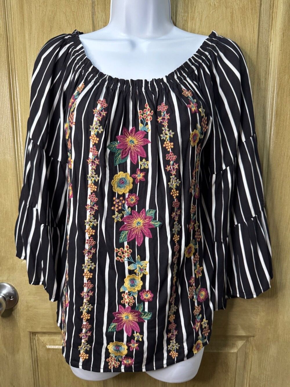 Savanna Jane Womens S Tunic Floral Embroidered Black White Striped Boho